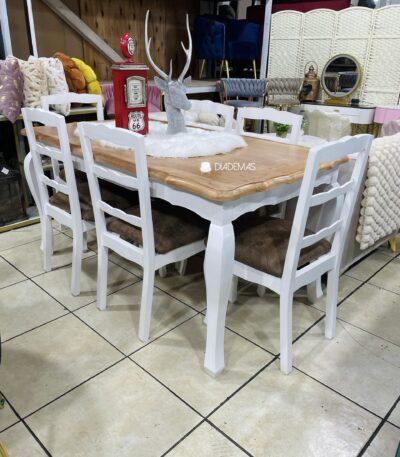 Comedor Normando 160x90 con 6 sillas blancas