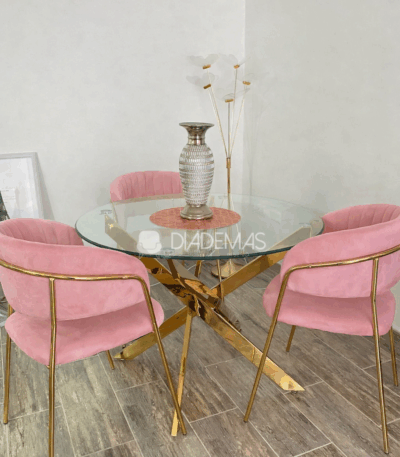 Comedor Dubai rosa de 1 metro con 4 sillas curvas
