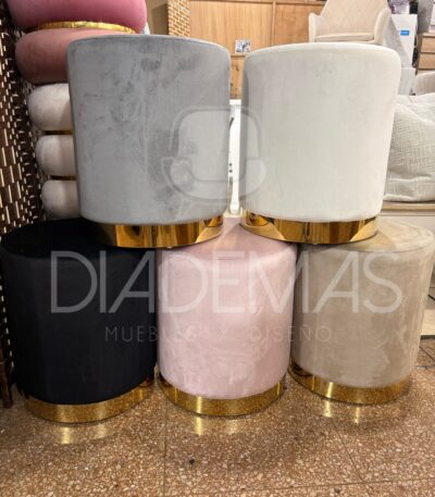 Pouf retro en felpa con base metalica dorada 36x42