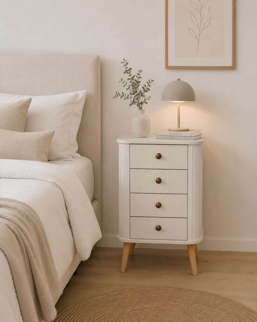 Velador nordico 4 cajones 67x46x30 con patas de madera