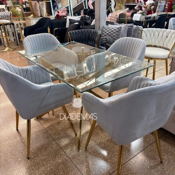Comedor Nevada 120x80 con base dorada y 4 sitiales