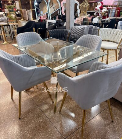 Comedor Nevada 120x80 con base dorada y 4 sitiales
