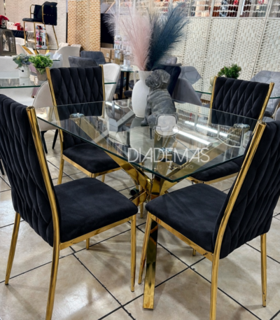 Comedor Porto de 1 metro con base dorada y 4 sillas trenza