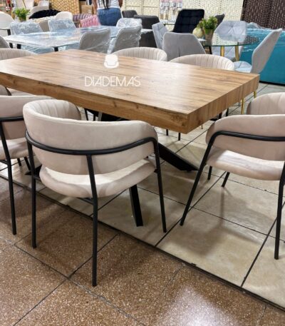 Comedor Max Wood extensible con 6 sitiales curvos velvet