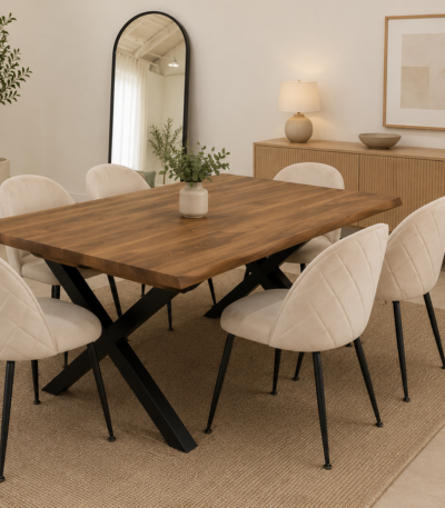 Comedor rustico 160x90 con 6 sillas y base negra en cruz