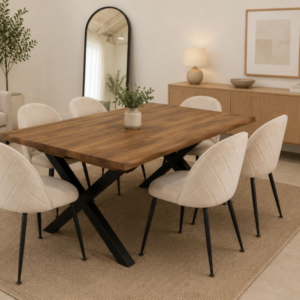 Comedor rustico 160x90 con 6 sillas y base negra en cruz