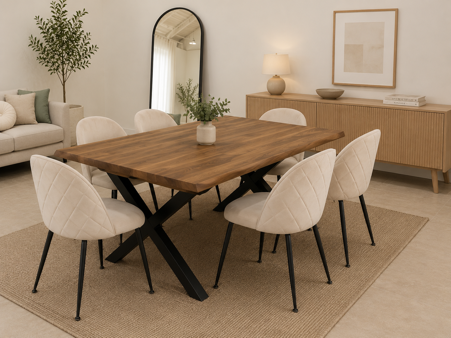 6027387b-8374-42b5-9d16-d1f2b3613001 Comedor rustico 160x90 con 6 sillas y base negra en cruz