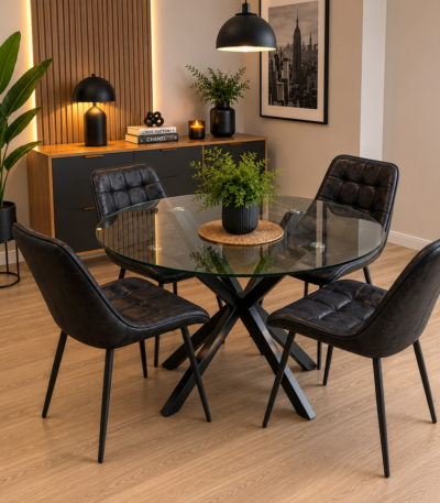 Comedor Antique con mesa redonda de 1 metro y 4 sillas bot&oacute;n