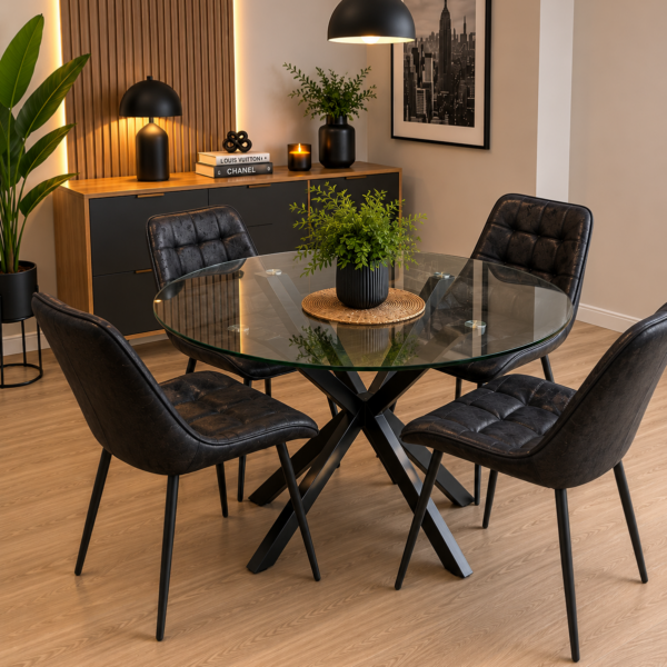 Comedor Antique con mesa redonda de 1 metro y 4 sillas bot&oacute;n
