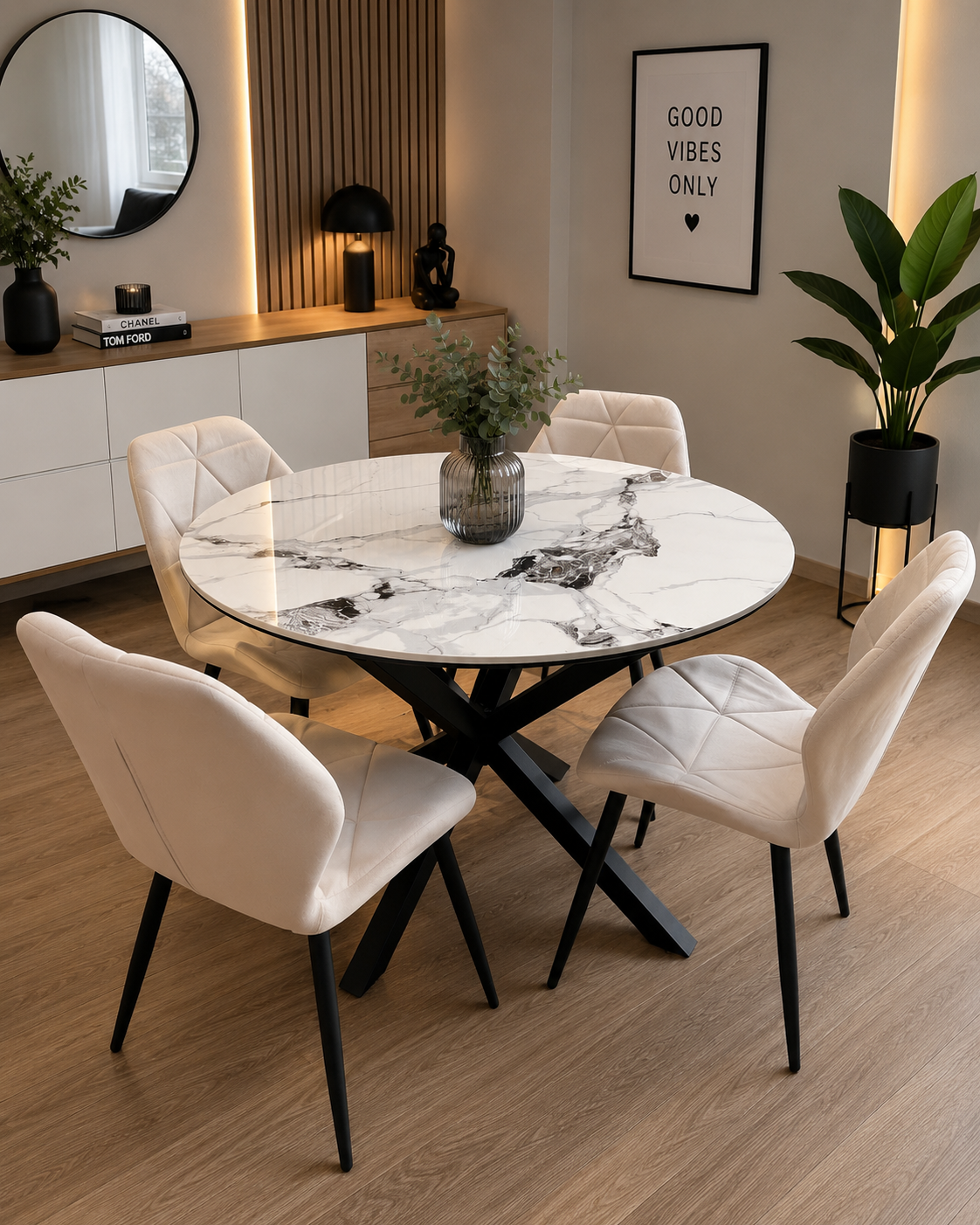 38f17176-fce6-45c4-81bd-15768c527d37 Comedor Stone mesa redonda de 1 metro con 4 sillas Fiori Top