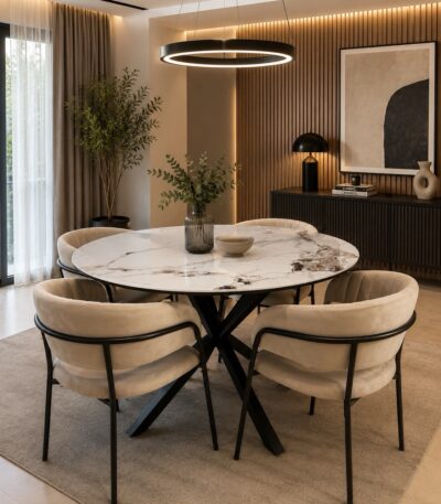 Comedor Stone de 1.20 con cubierta de m&aacute;rmol y 4 sitiales curvos