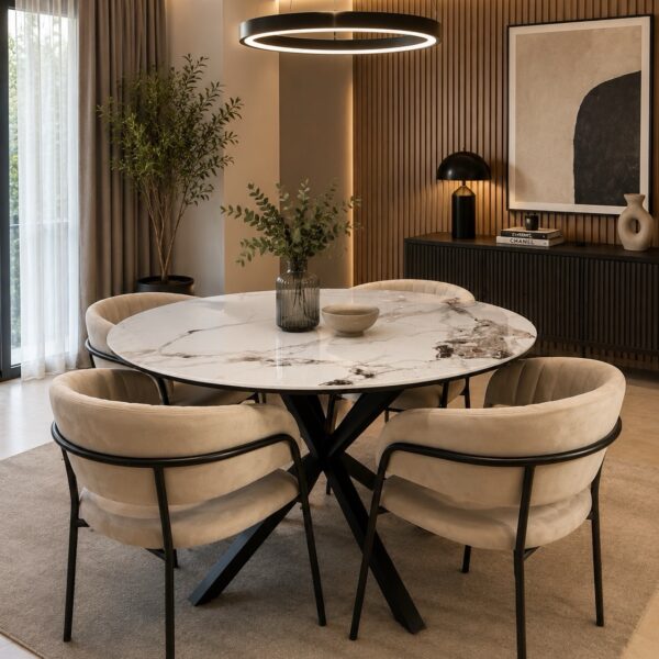 Comedor Stone de 1.20 con cubierta de m&aacute;rmol y 4 sitiales curvos