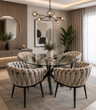 Comedor Oslo con mesa redonda de 1 metro y 4 sitiales trenzados