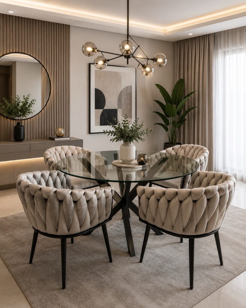 Comedor Oslo con mesa redonda de 1 metro y 4 sitiales trenzados