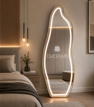 Espejo curvo LED con marco metalico negro o dorado