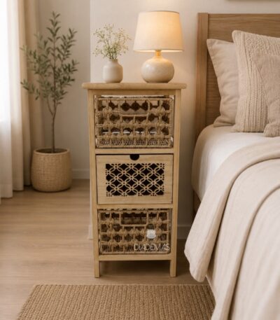 Cabinet rustico 3 cajones de madera y ratan 30x27x61