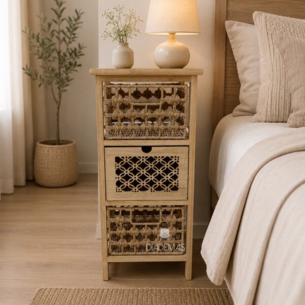 Cabinet rustico 3 cajones de madera y ratan 30x27x61