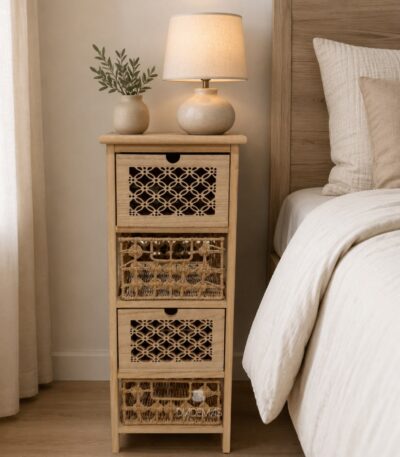 Cabinet rustico 4 cajones de madera y ratan 30x27x78