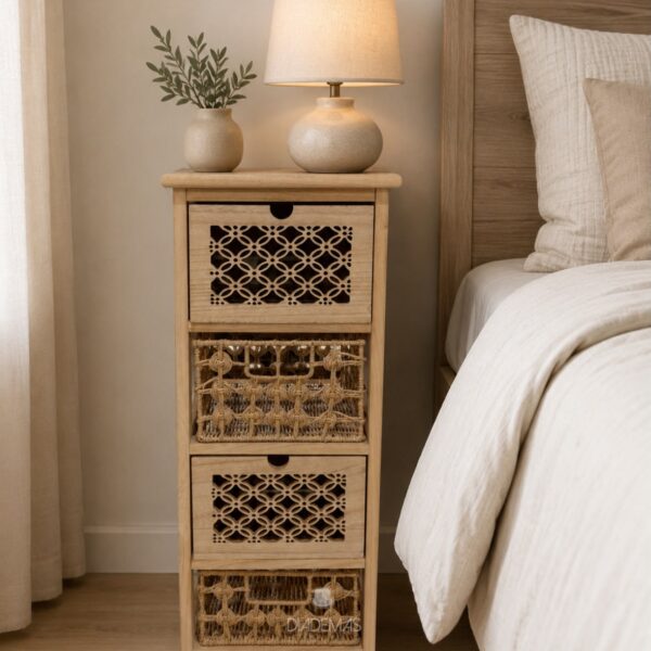 Cabinet rustico 4 cajones de madera y ratan 30x27x78